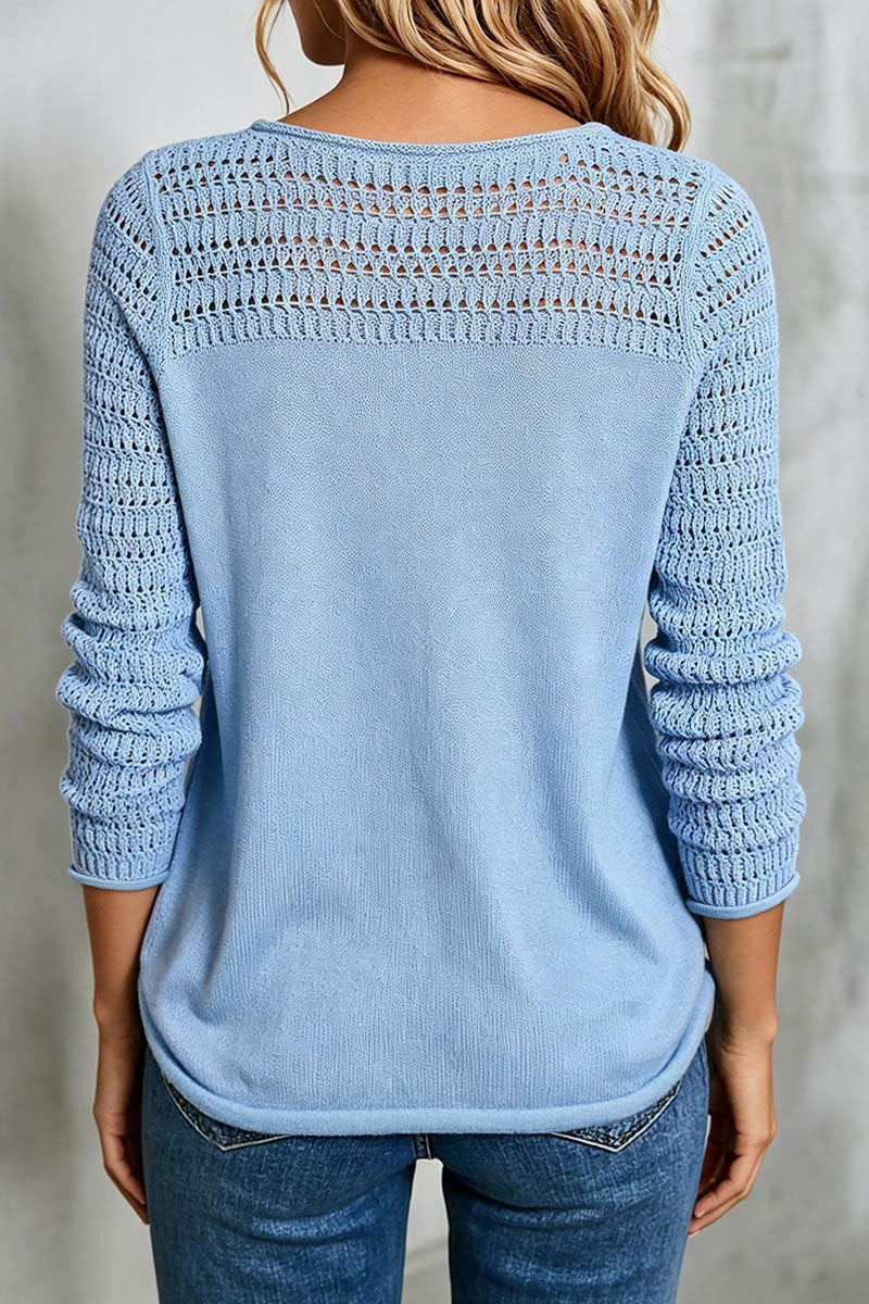 Pointelle Knit Round Neck Long Sleeve Sweater