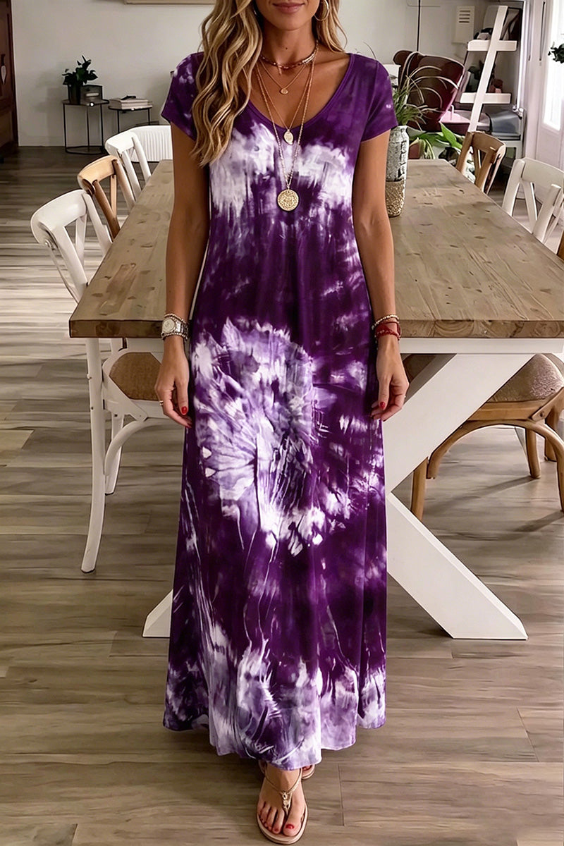 Spiral Tie Dye Scoop Neck Short Sleeve Maxi Dress