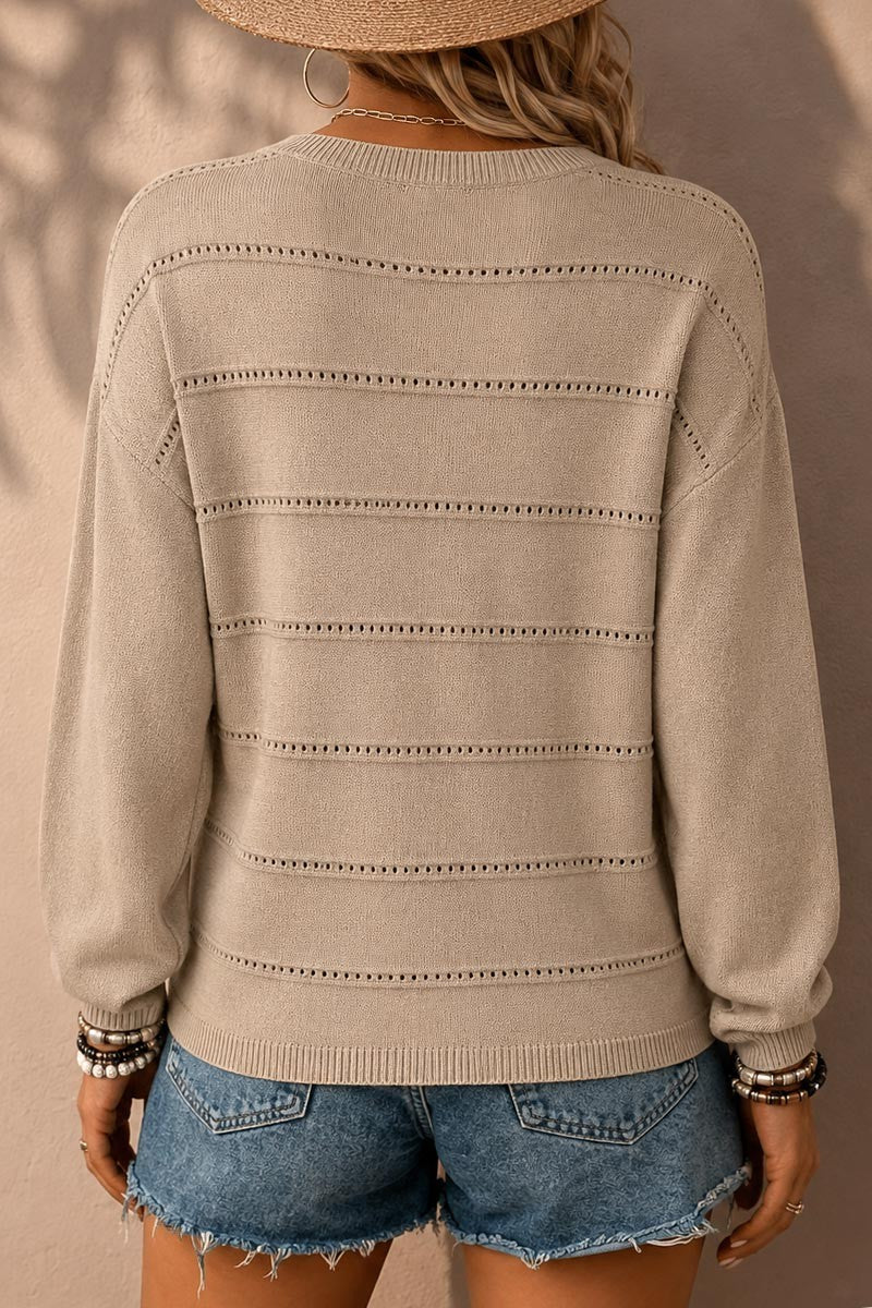 Solid Pointelle Knit Round Neck Long Sleeve Sweater