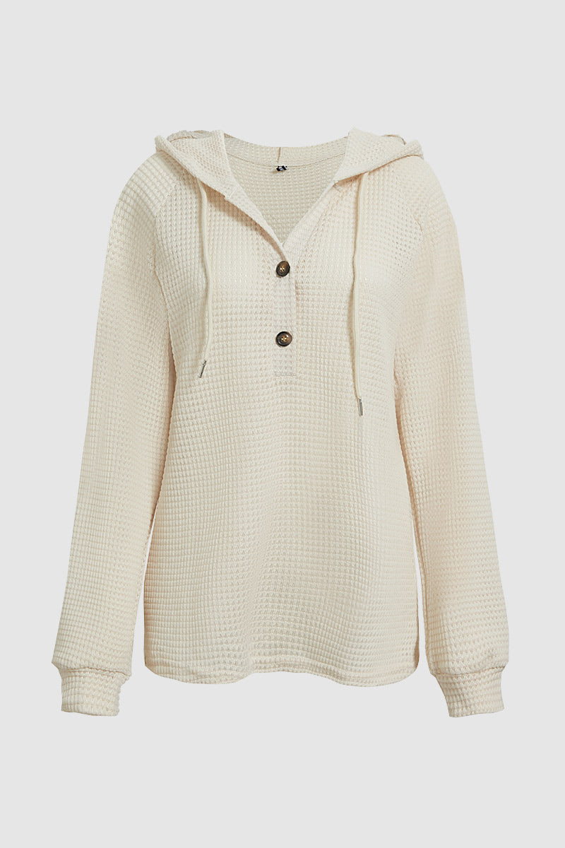 Waffle Knit Half Button Placket Drawstring Long Sleeve Hoodie