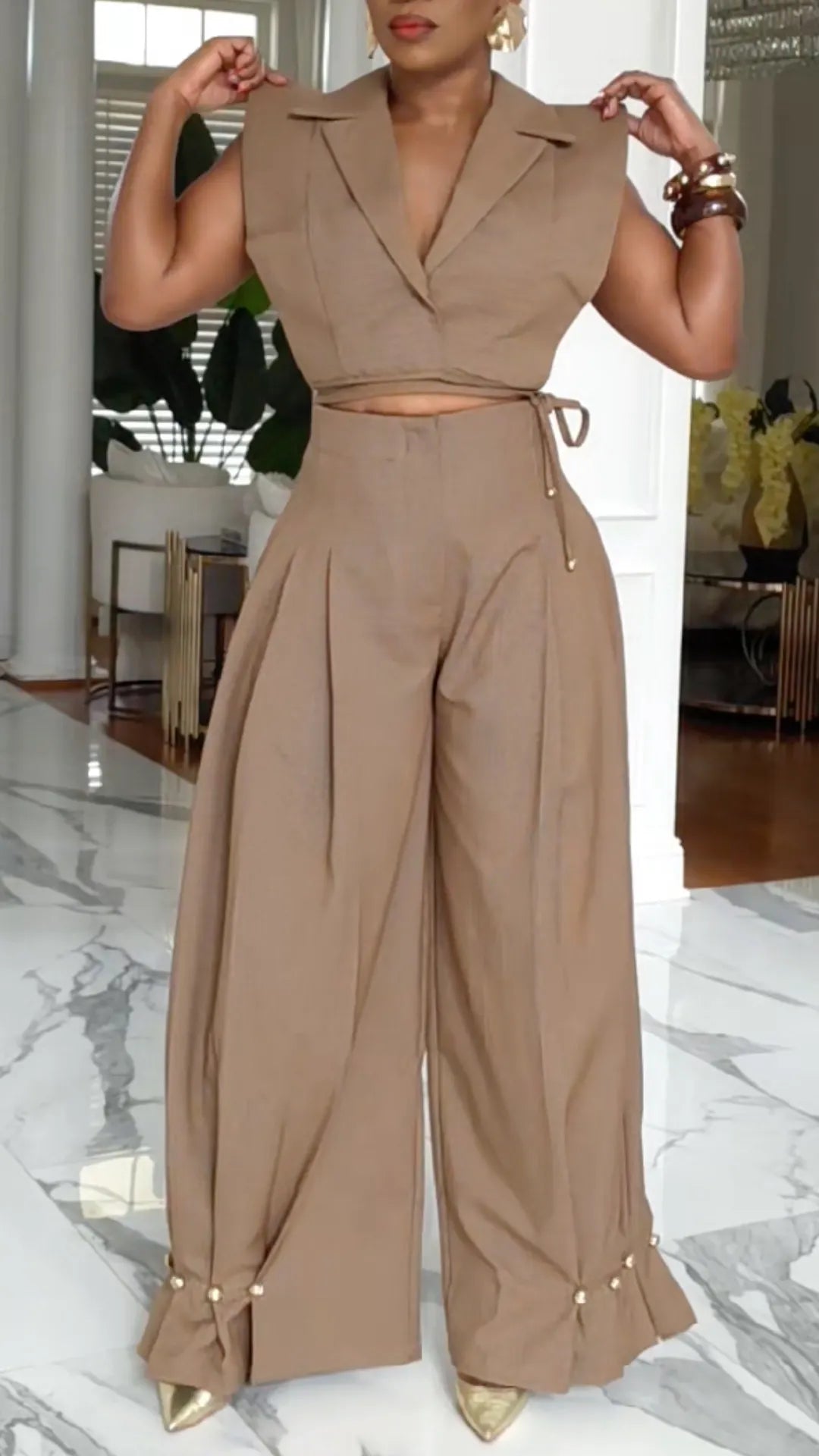 Taupe Lapel Tie-Waist Crop Top and Wide-Leg Pants Set