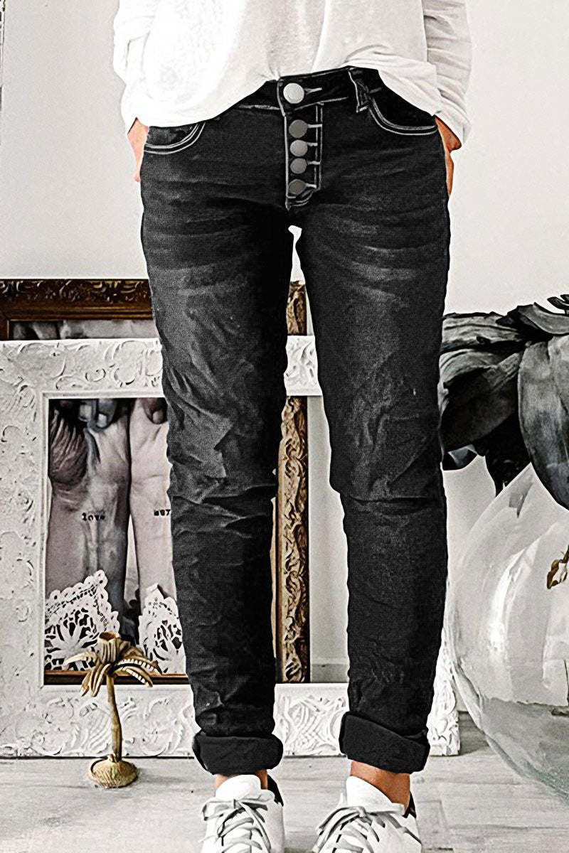 Button Up Roll Hem Low Waist Straight Leg Jeans