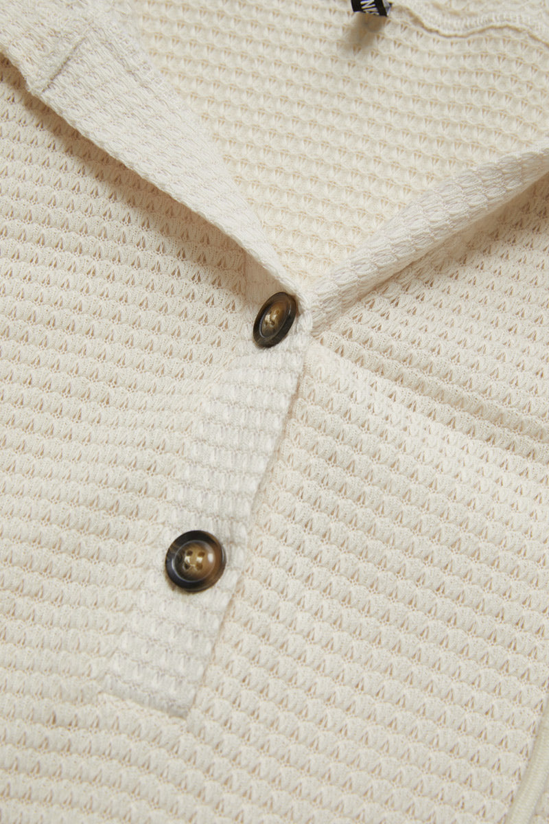 Waffle Knit Half Button Placket Drawstring Long Sleeve Hoodie