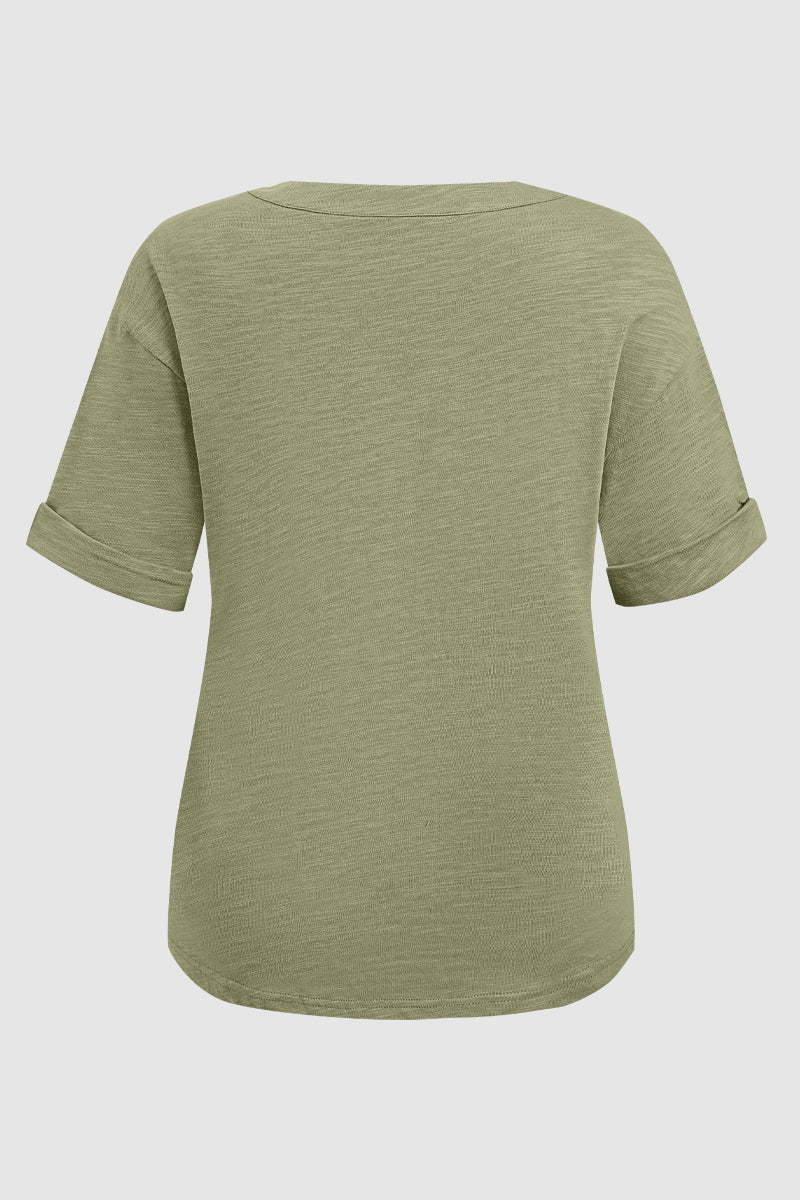 Button Decor Pocket Front V Neck Short Sleeve T-Shirt