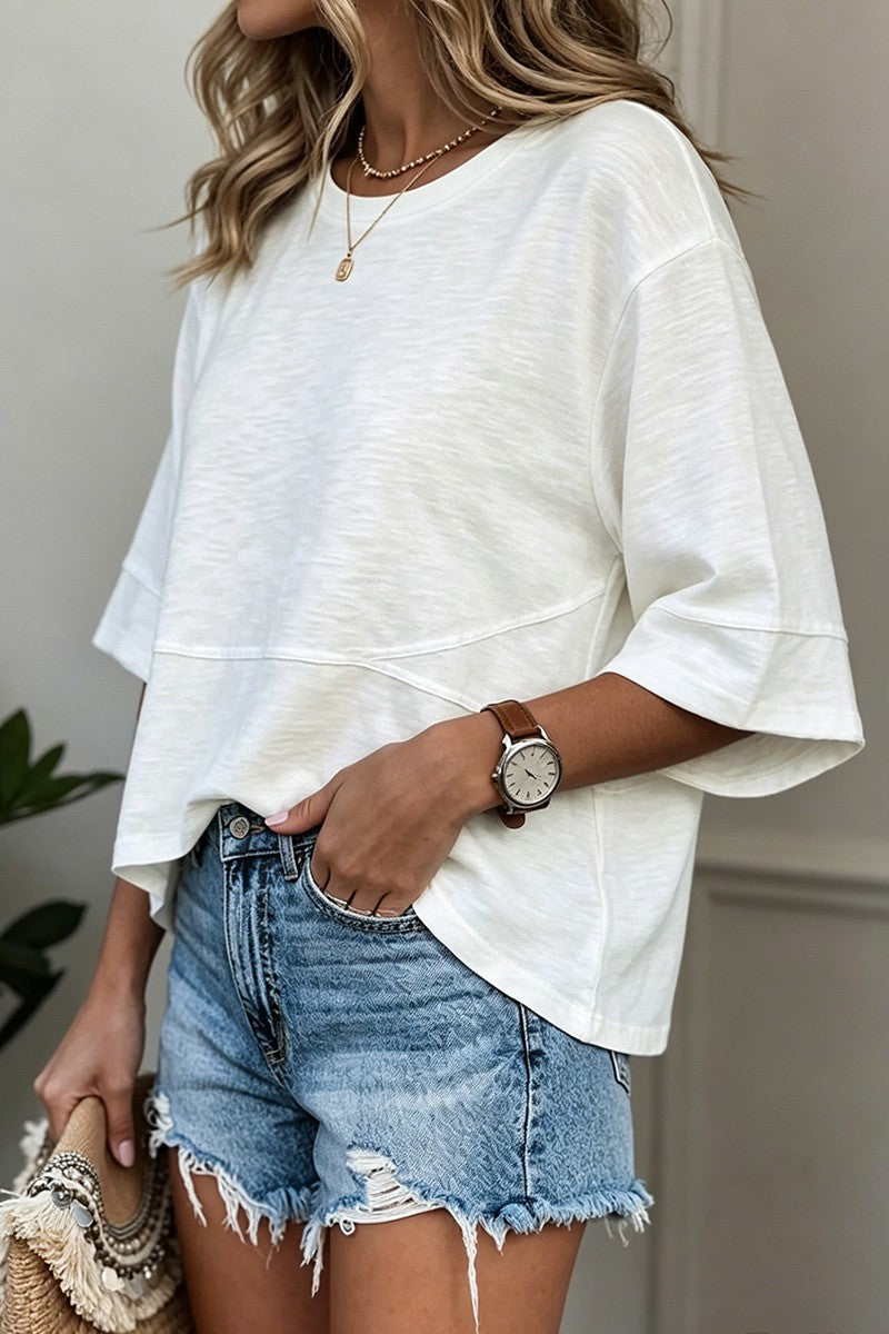 Solid Stitch Detail Round Neck Three Quarter Length Sleeve T-Shirt