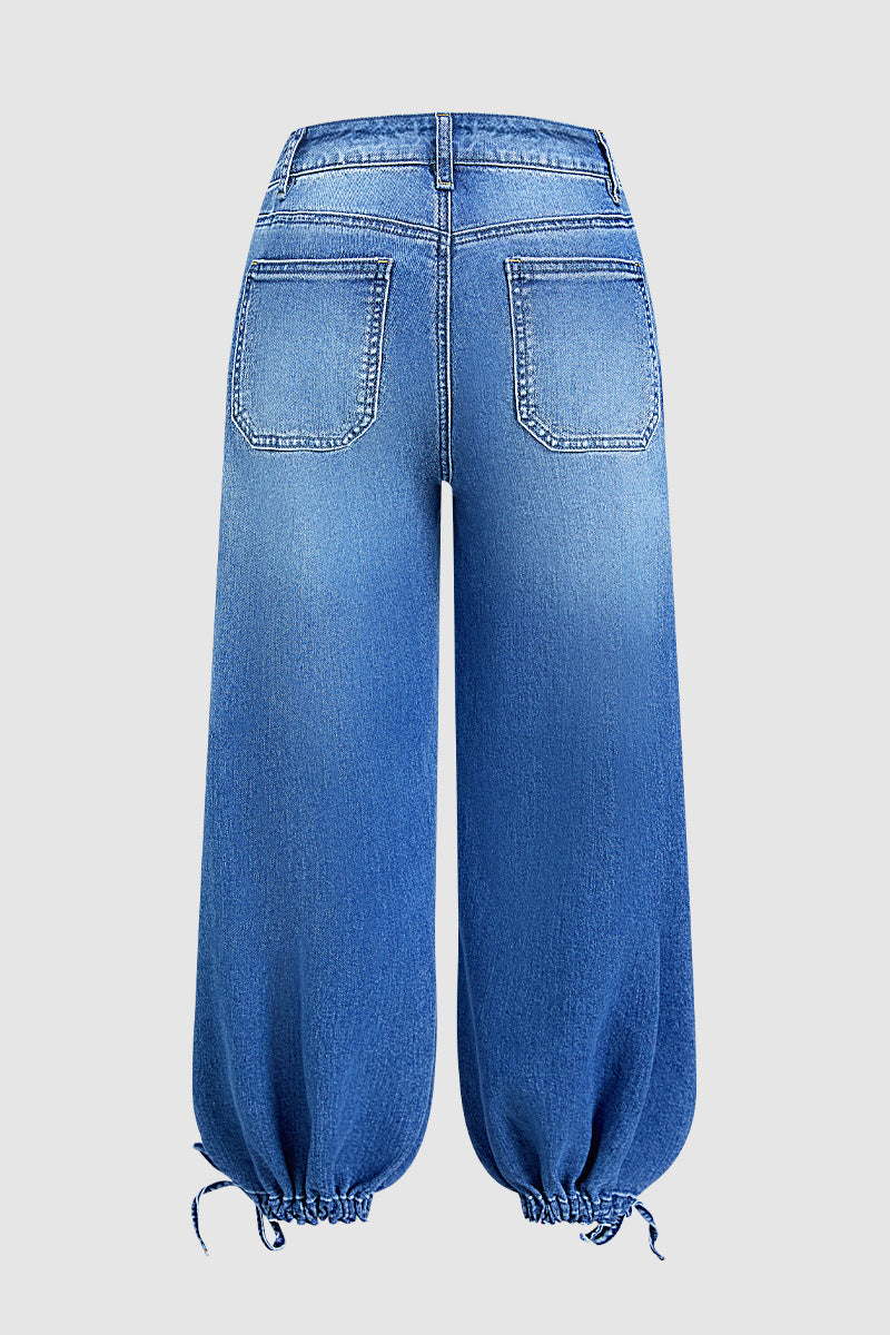 Flap Pocket Ruched Drawstring Mid Waist Balloon Leg Crop Jeans