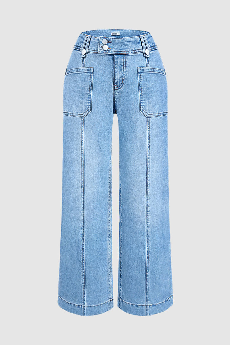 Wash Asymmetrical Stitch Detail Mid Waist Straight Leg Jeans