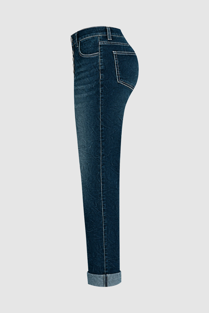 Button Up Roll Hem Low Waist Straight Leg Jeans