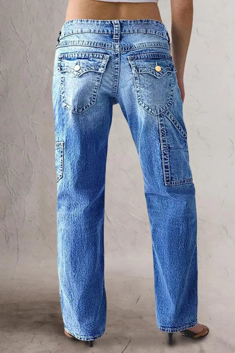 Wash Multi Pocket Mid Rise Straight Leg Jeans