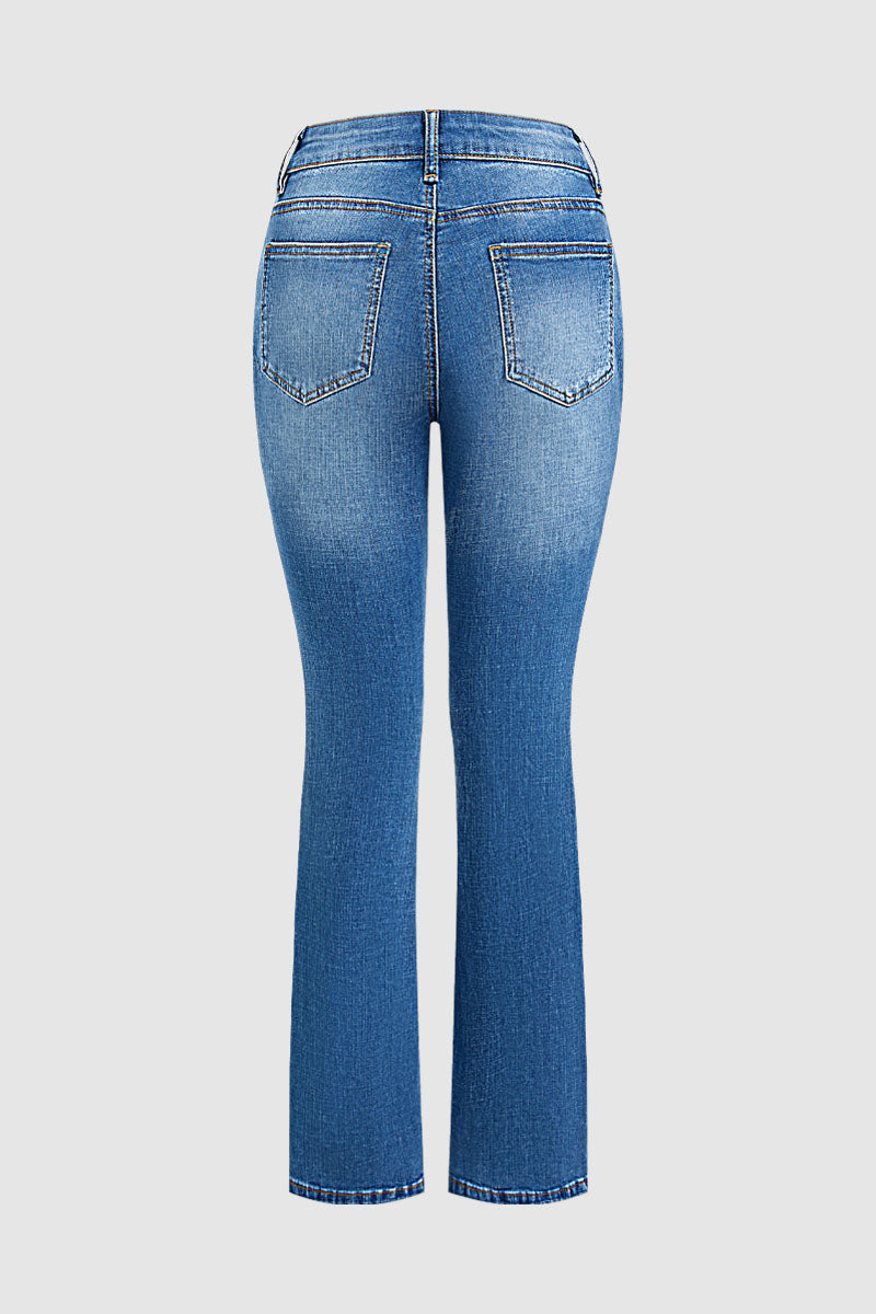Wash Stitch Detail High Waist Bootcut Jeans Without Belt