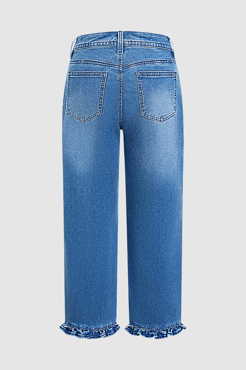 Wash Ruffle Split Hem Mid Rise Straight Leg Cropped Jeans