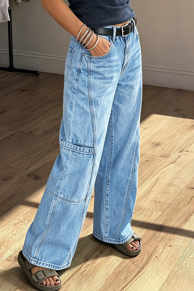 Wash Patch Pocket Stitch Detail Mid Waist Wide Leg Jeans Without Belt