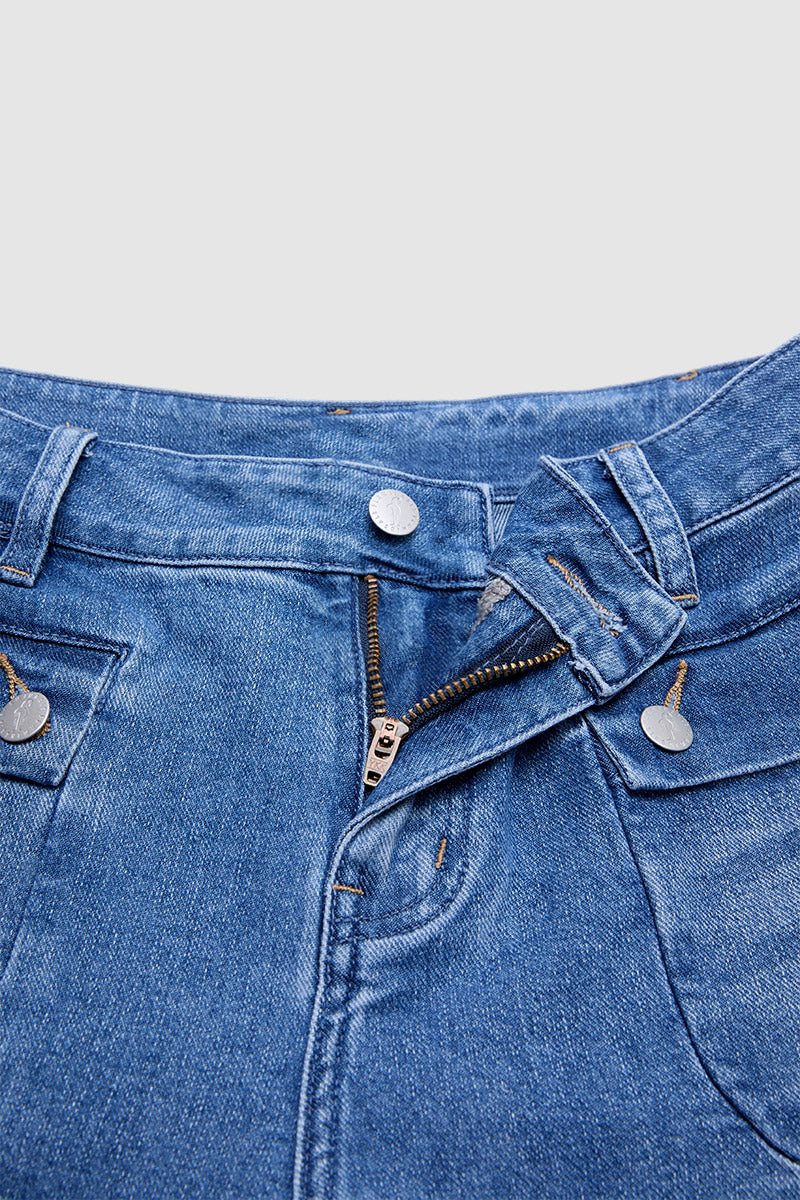 Flap Pocket Ruched Drawstring Mid Waist Balloon Leg Crop Jeans