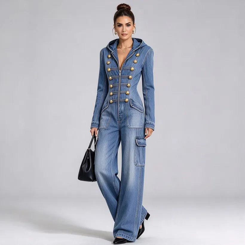 Blue Military-Button Hooded Cargo Denim Jumpsuit
