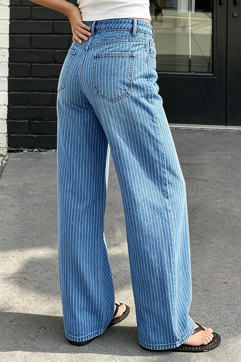 Wash Striped Mid Waist Wide Leg Jeans
