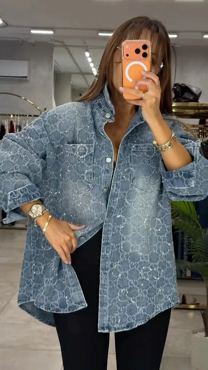 Blue Textured-Circle Oversized Denim Shirt