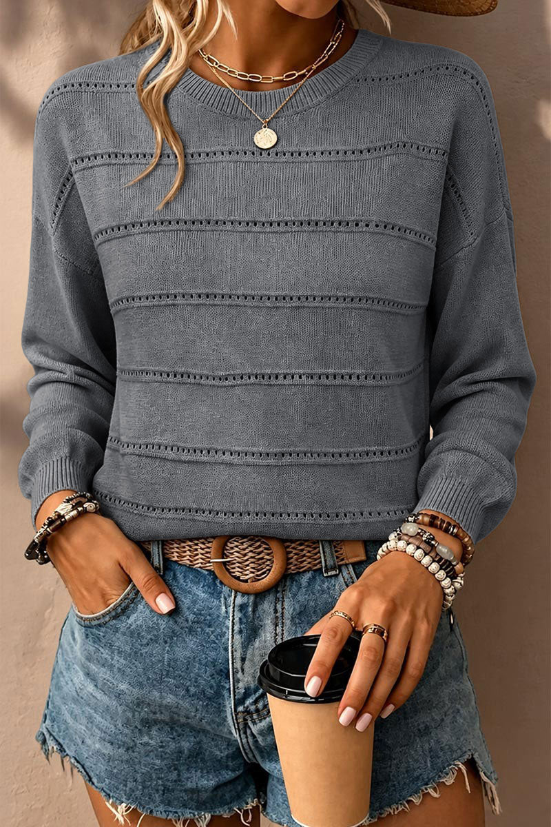 Solid Pointelle Knit Round Neck Long Sleeve Sweater