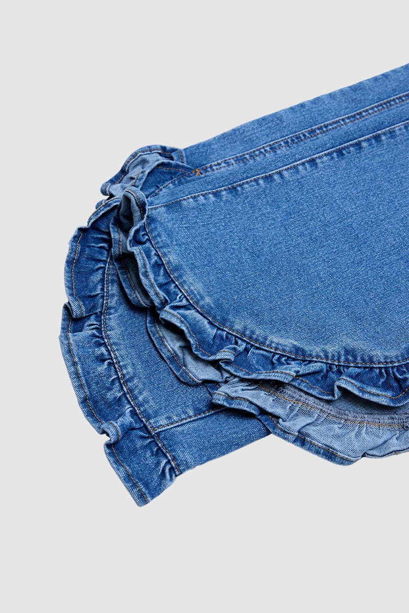 Wash Drawstring Split Ruffle Hem Mid Waist Wide Leg Jeans