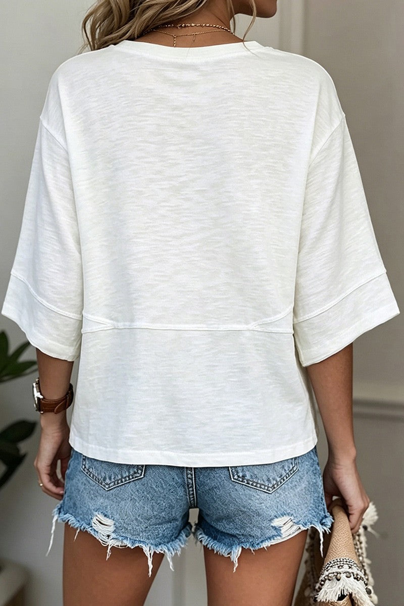 Solid Stitch Detail Round Neck Three Quarter Length Sleeve T-Shirt
