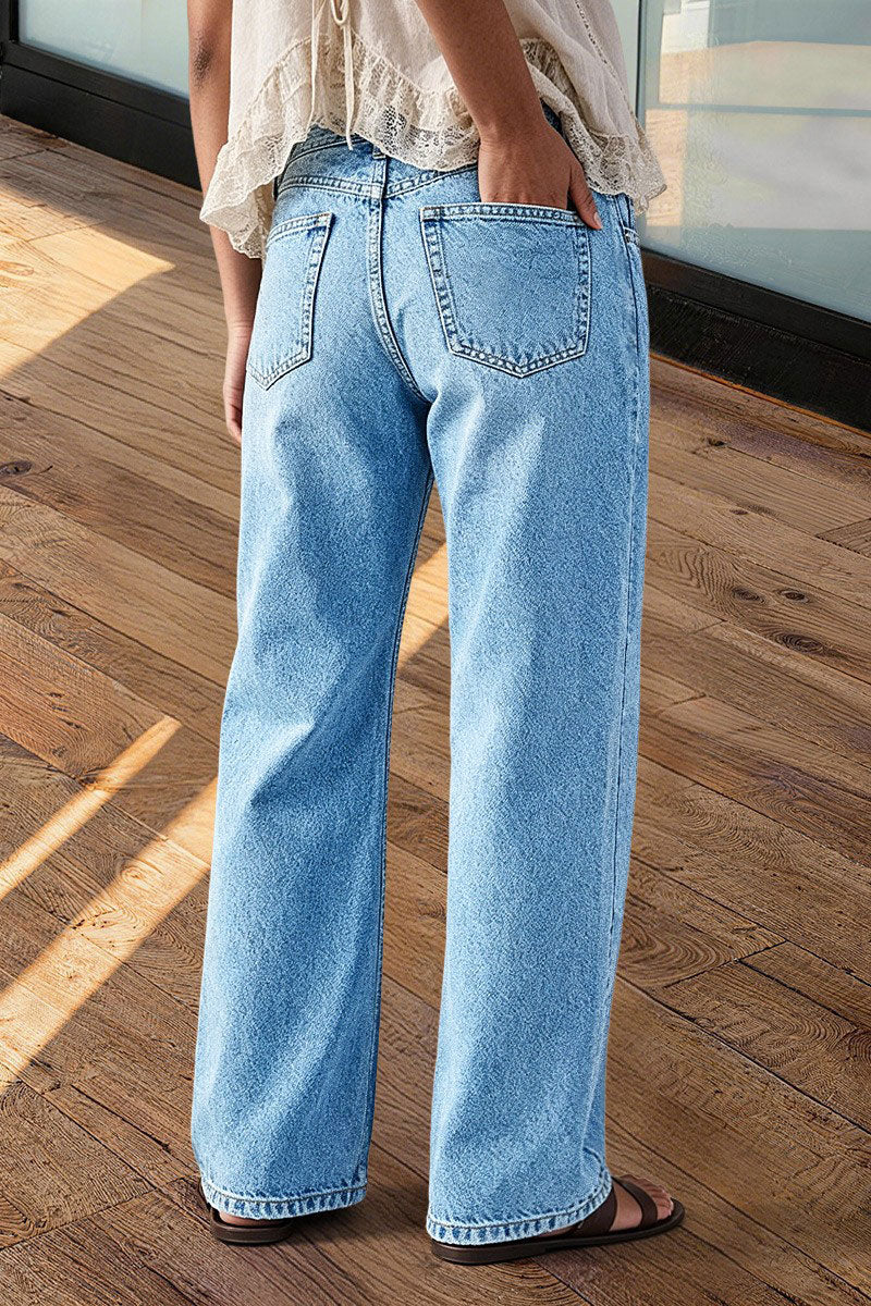 Wash Stitch Detail Mid Waist Straight Leg Jeans