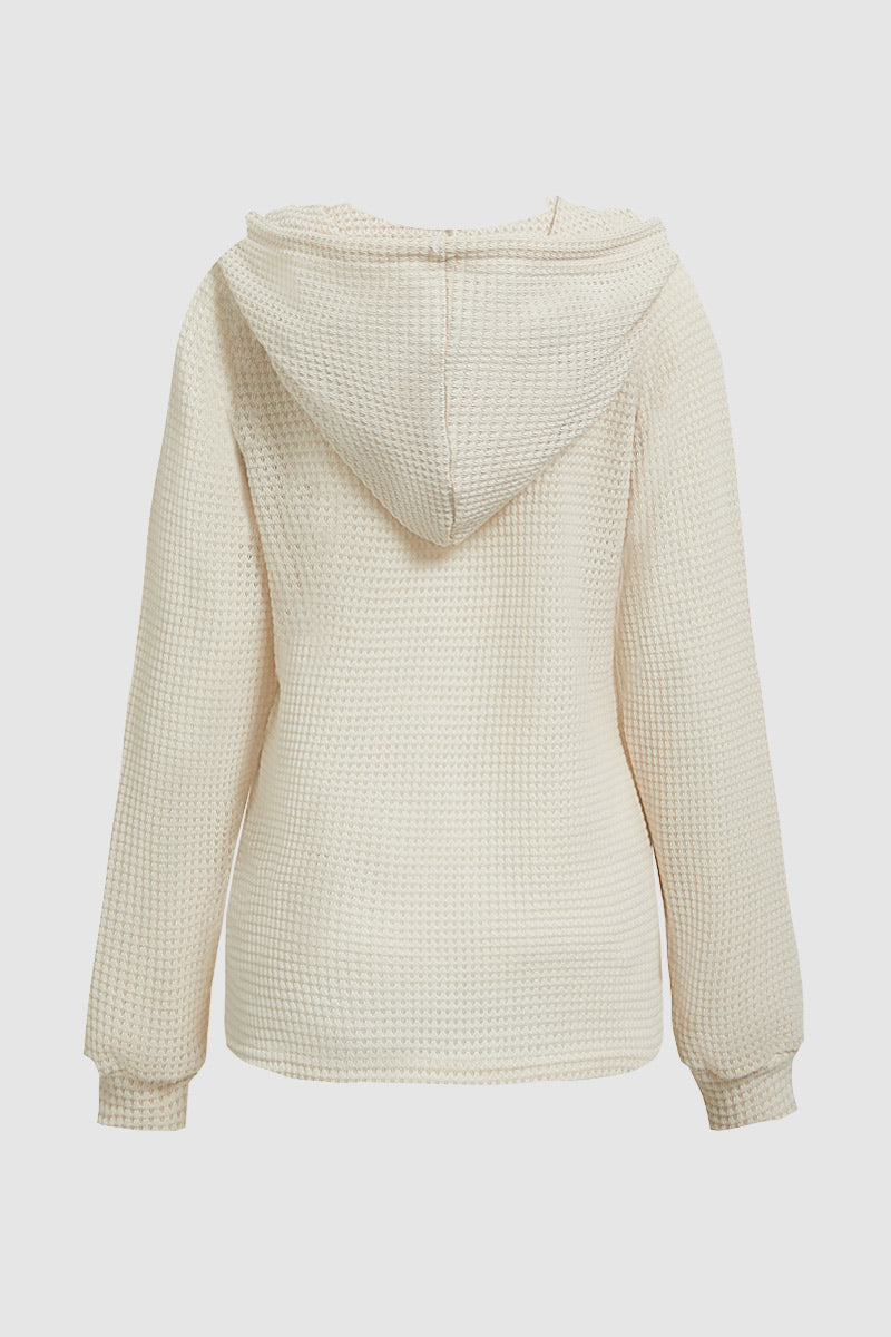 Waffle Knit Half Button Placket Drawstring Long Sleeve Hoodie