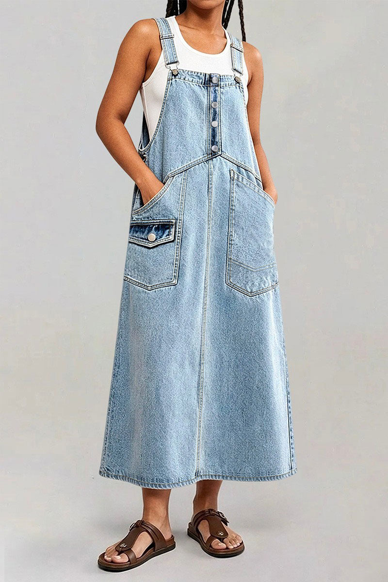 Wash Flap Pocket Stitch Detail High Waist Long Overall Dress