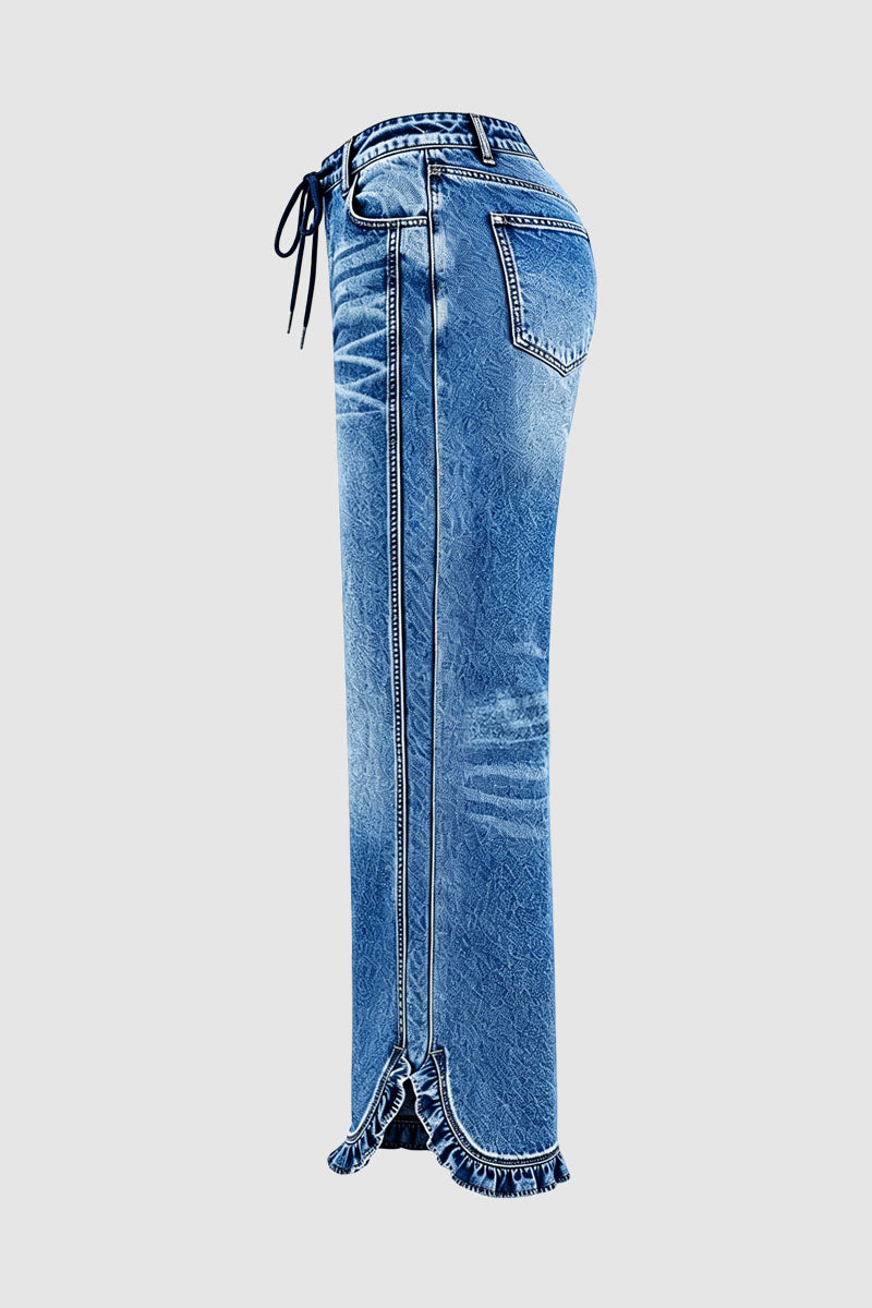 Wash Drawstring Split Ruffle Hem Mid Waist Wide Leg Jeans