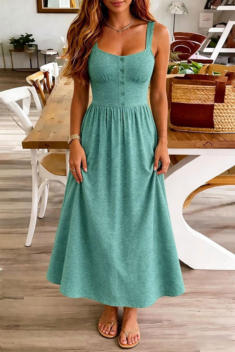 Solid Button Decor Ruched Sweetheart Neck Tank Long Dress