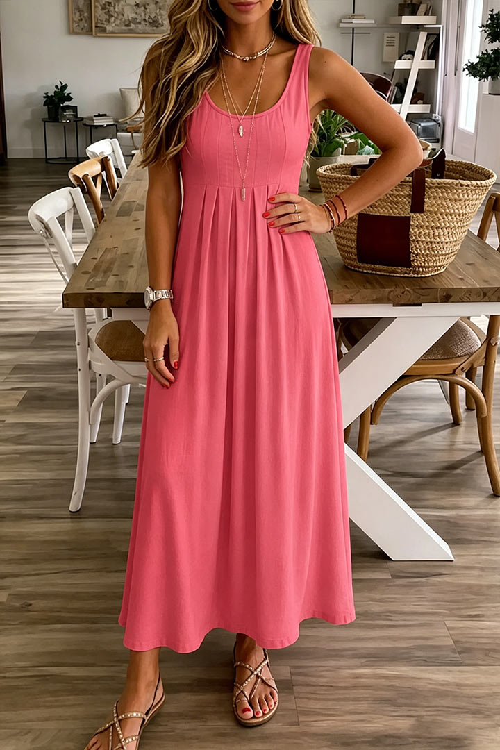 Solid Pleated Scoop Neck Long Tank Dress