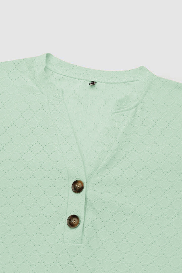 Solid Hollow Out Button Decor V Neck T-Shirt