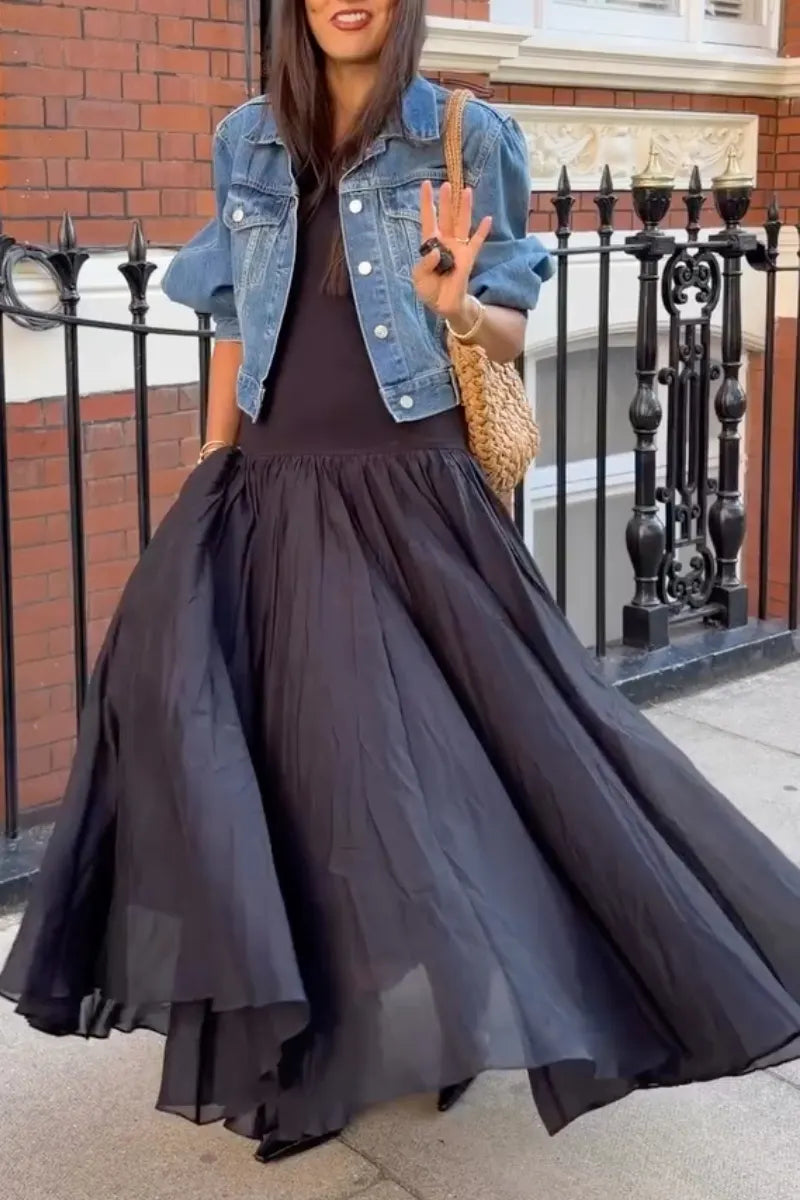 Cropped Denim Jacket & Flowing Maxi Dress Set