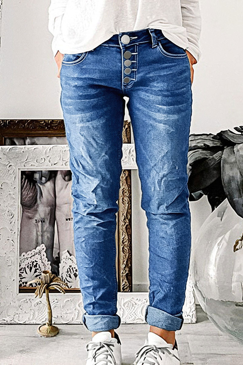 Button Up Roll Hem Low Waist Straight Leg Jeans