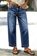 Wash Ripped Raw Hem Mid Rise Straight Leg Crop Jeans