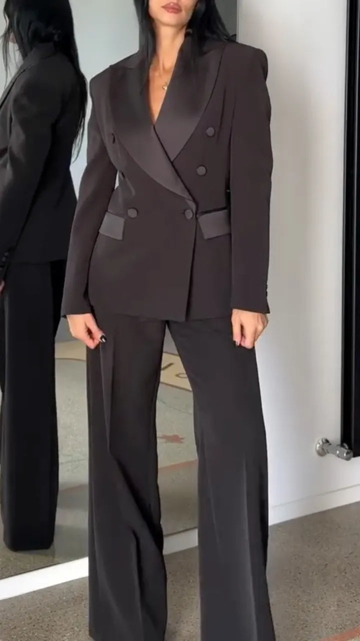 Charcoal Contrast-Lapel Double-Breasted Pantsuit