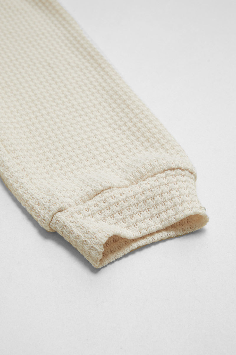 Waffle Knit Half Button Placket Drawstring Long Sleeve Hoodie