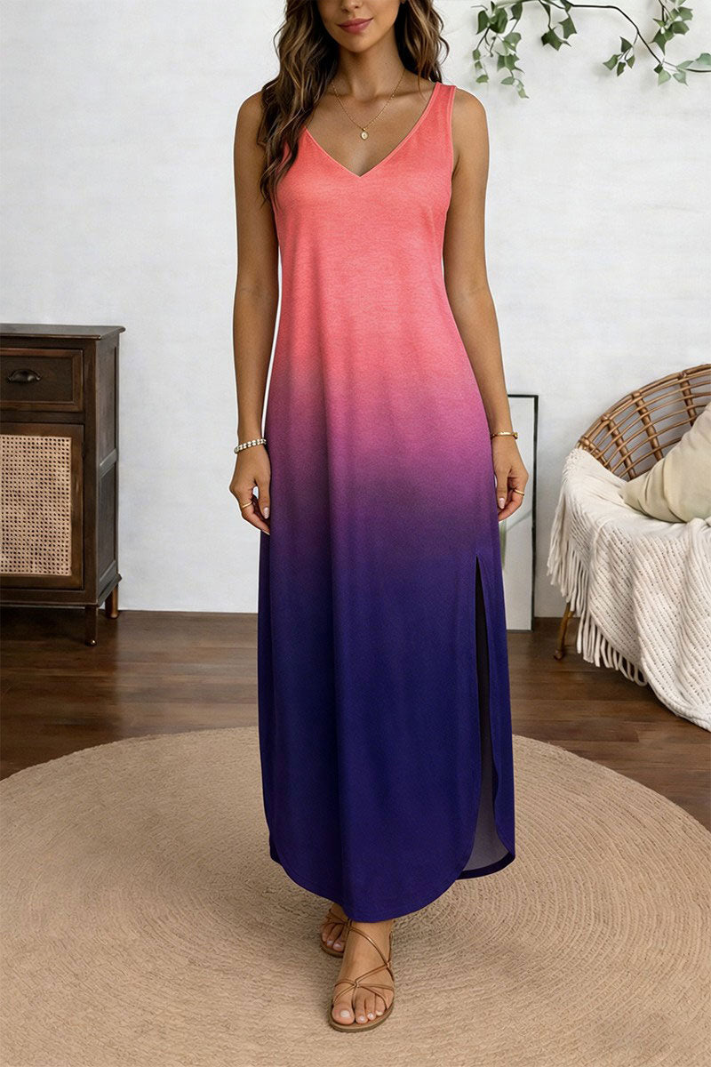 Ombre Split Side V Neck Maxi Tank Dress