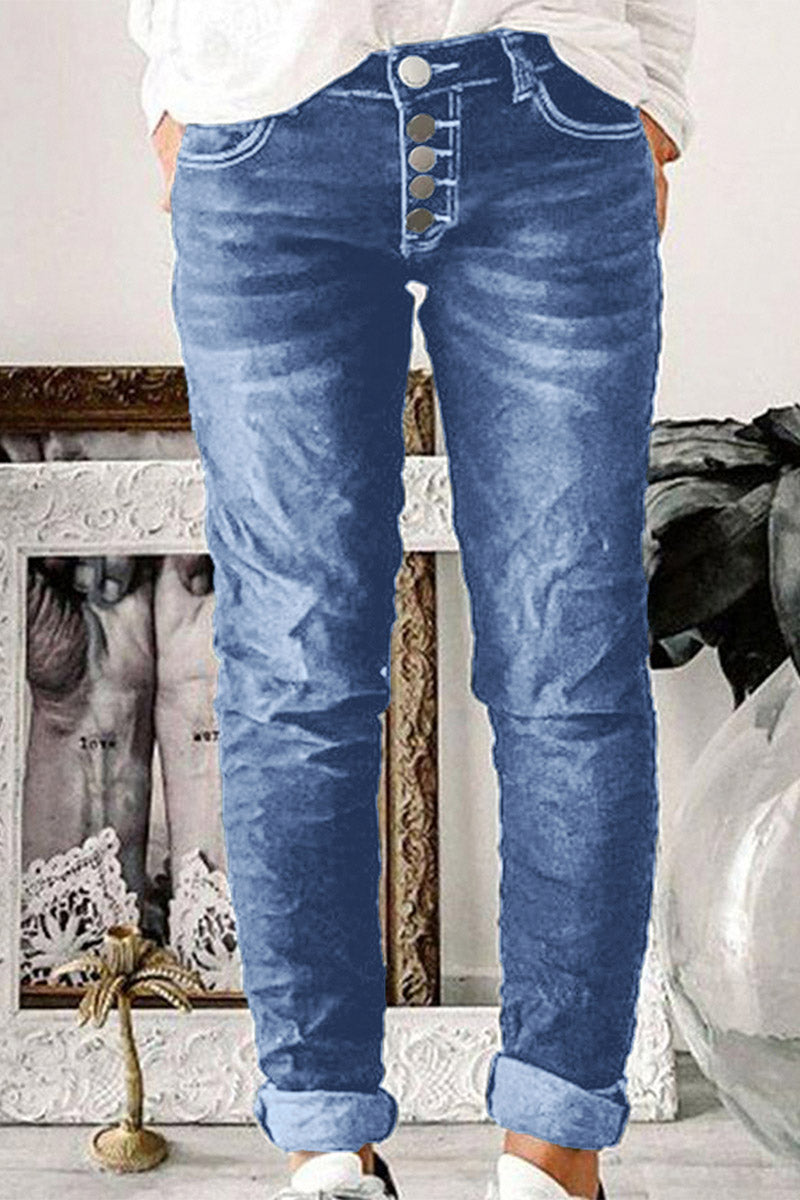 Button Up Roll Hem Low Waist Straight Leg Jeans