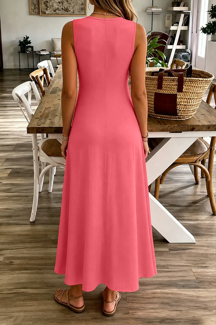 Solid Pleated Scoop Neck Long Tank Dress