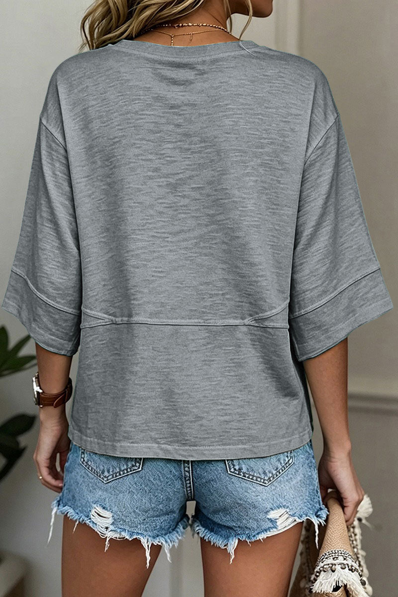 Solid Stitch Detail Round Neck Three Quarter Length Sleeve T-Shirt