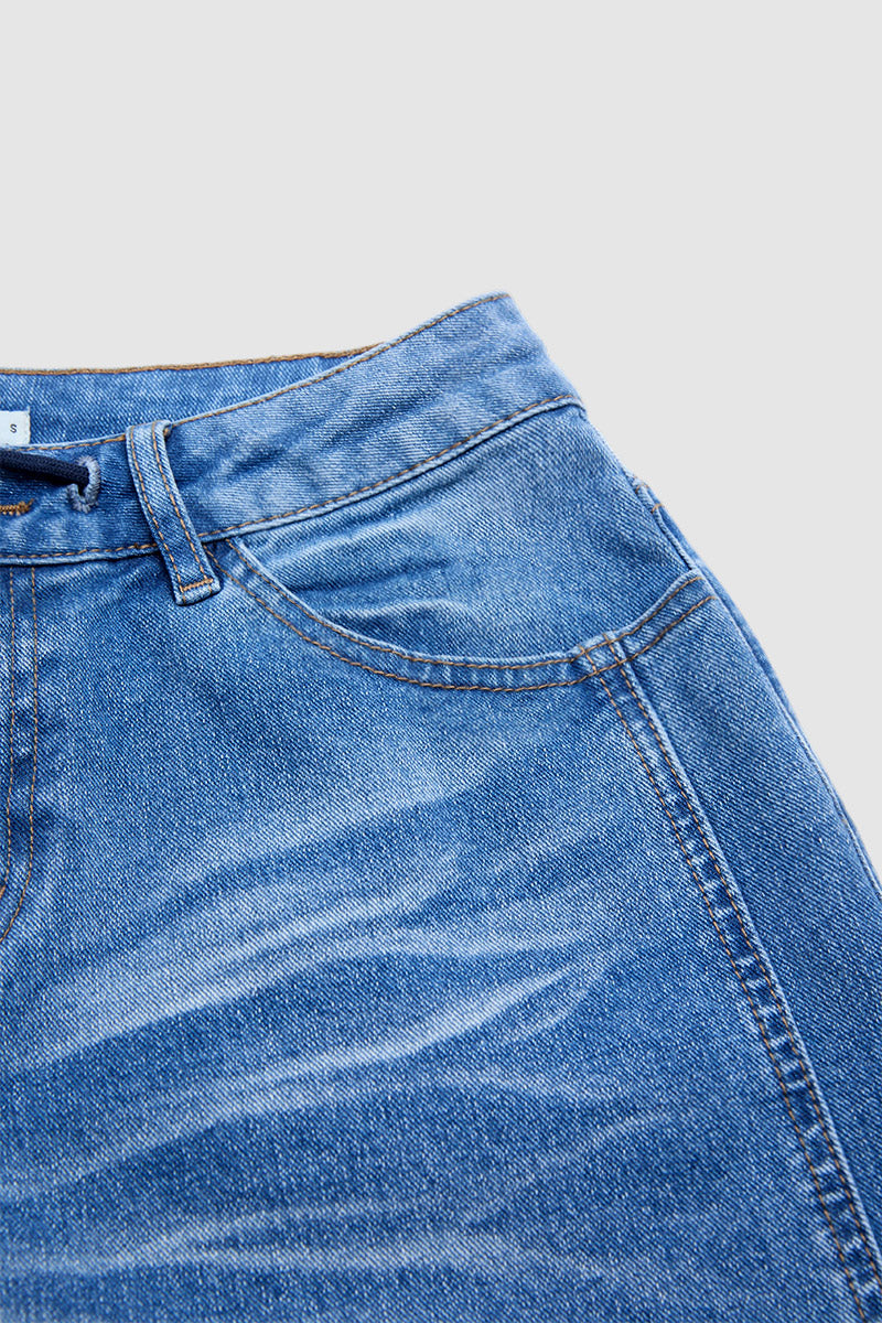 Wash Drawstring Split Ruffle Hem Mid Waist Wide Leg Jeans
