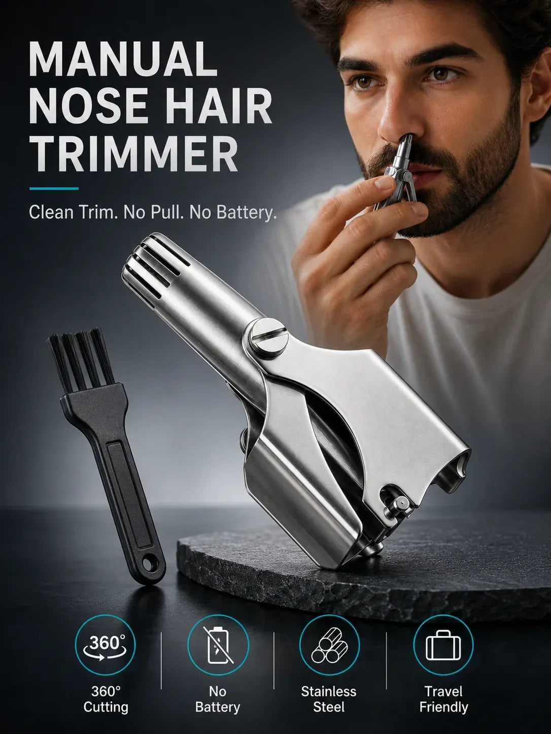 Manual Nose Hair Trimmer – Stainless Steel 360° Trimmer, Waterproof & No Battery Required