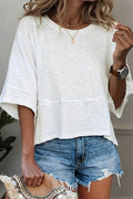 Solid Stitch Detail Round Neck Three Quarter Length Sleeve T-Shirt