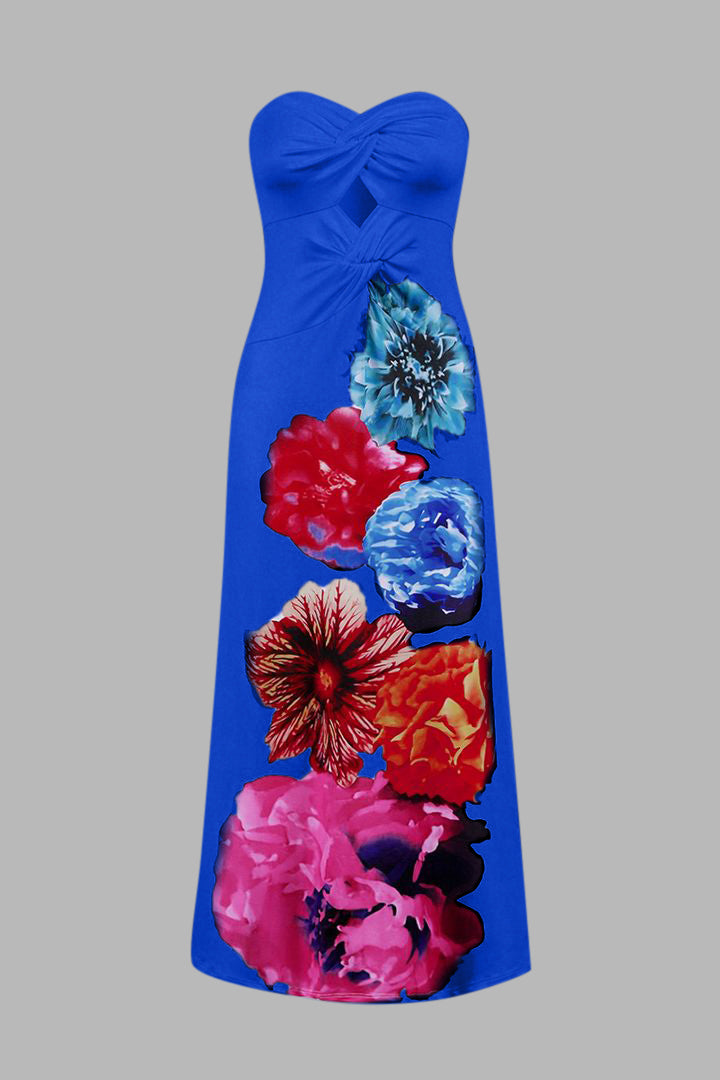 Floral Print Twist Hollow Out Split Maxi Dress