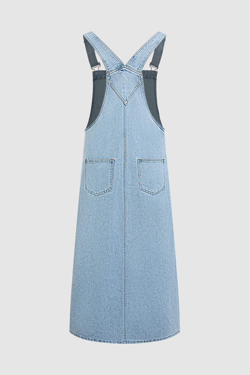 Wash Flap Pocket Stitch Detail High Waist Long Overall Dress