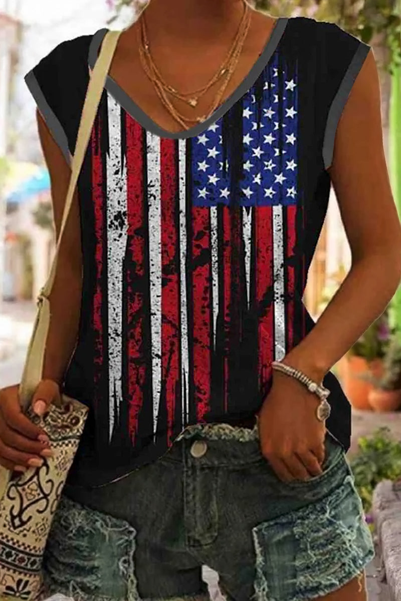 American Flag Print V Neck Tank Top