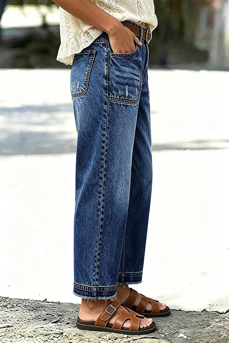 Wash Ripped Raw Hem Mid Rise Straight Leg Crop Jeans