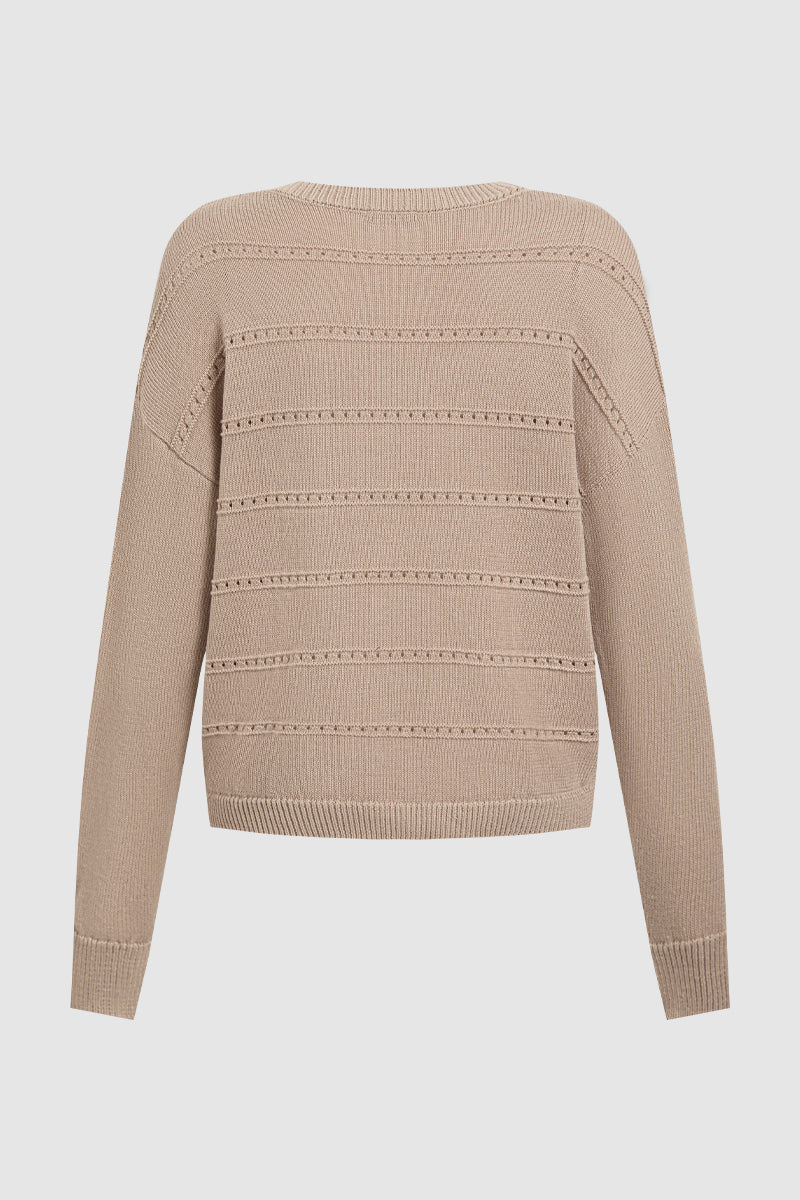 Solid Pointelle Knit Round Neck Long Sleeve Sweater