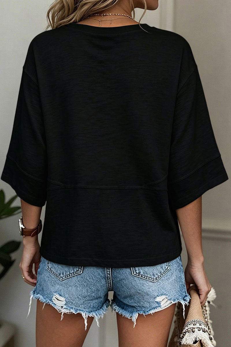 Solid Stitch Detail Round Neck Three Quarter Length Sleeve T-Shirt