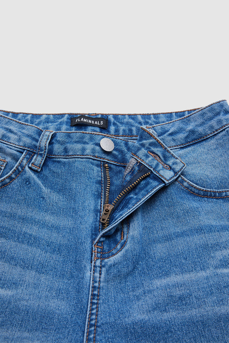 Wash Ruffle Hem Split Mid Waist Wide Leg Jeans