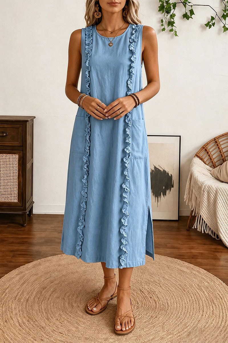 Contrast Lace Split Pocket Round Neck Tank Midi Dress